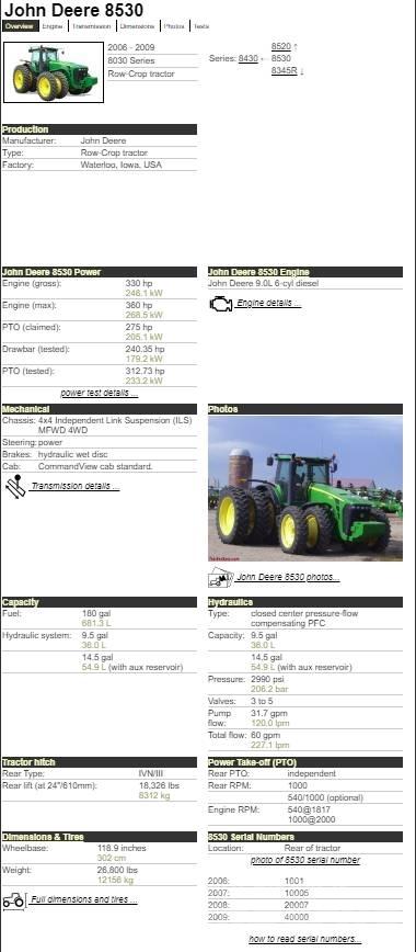 John Deere 8530 拖拉机/农用车