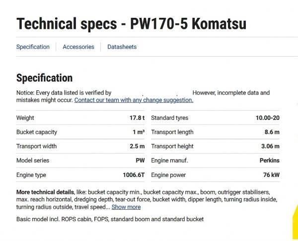 Komatsu PW 170 轮式挖掘机